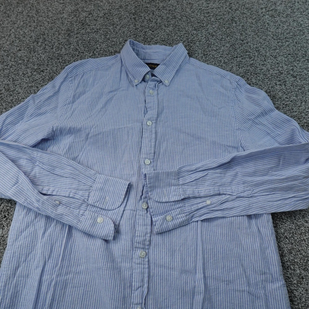 Piombo Shirt Mens L Blue White Striped Linen Chambray Button Up Casual Summer